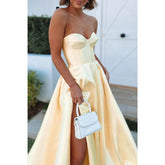 Sweetheart Yellow Satin High Split Prom Dress with Pockets