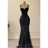 Vestido de fiesta de noche con lentejuelas y escote corazón con tirantes finos de corte trompeta/sirena