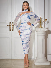 Vestido de fiesta de noche, sexy, de manga larga, estampado, con espalda descubierta, escote pronunciado, plisado y que realza las caderas.