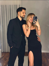 Vestido largo de noche negro sencillo con tirantes finos y abertura Y7292