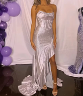 Vestido de fiesta brillante sin tirantes de satén con cuentas, vestido de noche de sirena lila Y8005