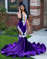 Vestido de noche de sirena morado con encaje, elegante cola de pez, vestido de graduación negro para niñas, tallas grandes, vestidos de fiesta formales Y6581