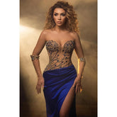 Robe de bal longue bustier en satin illusion perlé avec fente