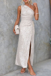 Vestidos de noche formales de celebridades, lisos, con lentejuelas, cordón ajustable, abertura y cuello oblicuo.