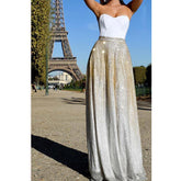 Vestido de noche largo de fiesta con escote en forma de A, sin tirantes y lentejuelas