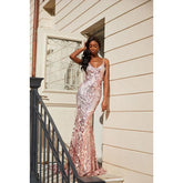 Robe de bal longue sirène à bretelles spaghetti et col en V et paillettes