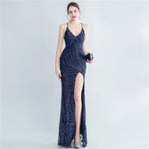 Robe de soirée haut de gamme en sequins haute densité, taille cintrée, fente latérale