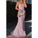 Vestido de graduación brillante sin tirantes, corte recto/columna