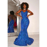 Robe de soirée sirène sexy et sexy, col en V, sans manches, fendue, paillettes