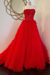 Princess A Line Spaghetti Straps Red Long Prom Dress with Ruffles Appliques