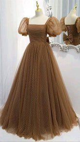Beautiful Prom Dress New Brown Evening Dress Elegant Collar Puff Sleeve A-line Floor-length Point Prom Formal Gowns Y1174