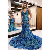 Vestido de fiesta de graduación con escote en V, lentejuelas y espalda descubierta, lujoso, con volantes y corte trompeta/sirena