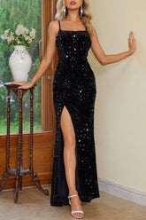 Robes de soirée sexy à sequins unis, fente et col carré