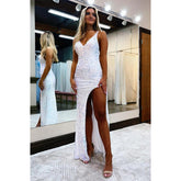 Robe de bal sexy à paillettes et col en V avec fente