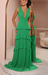 Emerald Green Deep V Neck Layered Ruffles Evening Dress Backless Long Prom Dress Y8386