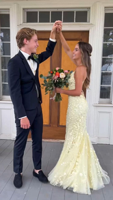 Robe de bal sirène en tulle et dentelle jaune, robe de soirée jaune Y2248