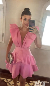 Pink Deep V Neck Homecoming Dress Pink Party Dress Y2469