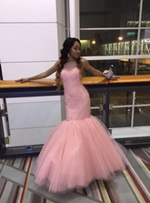 Robe de soirée élégante sirène/trompette rose sans manches en tulle Y1094