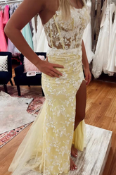 Vestido de noche de sirena con abertura y estampado floral amarillo Y6465