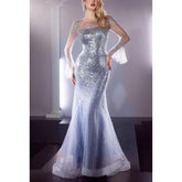 Scoop Long Sleeves Sequined Sheer Tulle Mermaid Long Prom Evening Dress