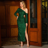 Robe de soirée sexy moulante de Noël pour femme, robe élégante à sequins asymétrique, robe de bal.