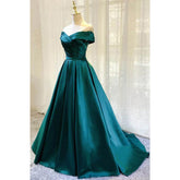Vestido formal largo plisado de satén verde con hombros descubiertos único