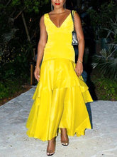 Vestidos largos de noche de corte holgado, color liso, con abertura lateral, escote en V escalonado y corte en A.