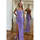 Robe de bal longue à bretelles spaghetti et col en V, ornée de perles et fendue