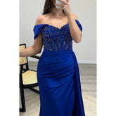 Robe de soirée longue en tulle, fourreau/colonne, perlée, épaules dénudées