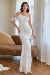 Vestido de fiesta de lentejuelas con un solo hombro y abertura