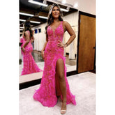 Robe de soirée longue fourreau à col en V et fente