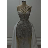 Robe de bal longue à une épaule et col en V, scintillante et perlée, robes de mariée