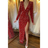 Robe de soirée sexy à col en V profond et manches longues, paillettes scintillantes, avec fente