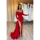 Sheath/Column Off Shoulder Long Sleeves Ruched Satin Long Prom Dress