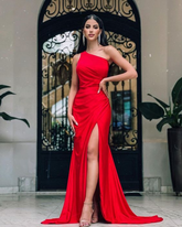 Vestido de fiesta rojo sencillo estilo sirena con abertura, vestido de noche rojo Y5714