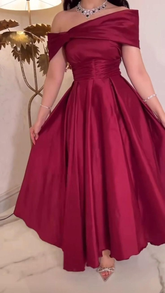 Vestido de noche de corte A con hombros descubiertos, sencillo, de color liso Y5686