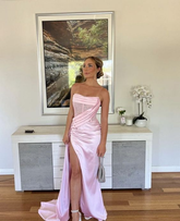 Elegante vestido de fiesta rosa sin tirantes, vestido de noche rosa glamuroso con abertura, vestido de concurso Y1986