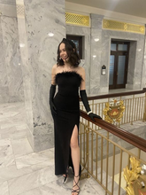 Classy Black Feather Formal Dress Black Evening Dress With Split Y6391