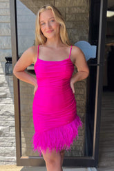 Cute Sheath Spaghetti Straps Hot Pink Short Homecoming Dress with Feather