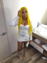 Vestido corto blanco plisado para fiesta de bienvenida, color liso, manga larga Y353