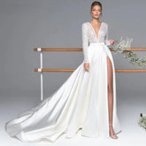 Luxury Long Sleeve Satin Wedding Dress Deep V-Neck Side Split Bridal Party Gown vestido de novia Sweep Train 2023