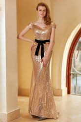 Robe de soirée champagne à sequins épaules dénudées