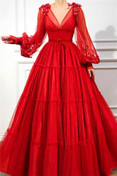 V-Neck Bubble Sleeves Prom Dress Long