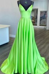 Robe de bal longue verte en satin, coupe trapèze, col en V ; robe de soirée de remise de diplôme verte, col en V, référence Y215