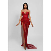 Robe de soirée fourreau/colonne à col en V sans manches et paillettes fendues