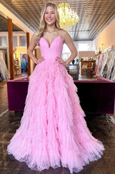 A Line Spaghetti Straps Pink Long Prom Dress with Ruffles