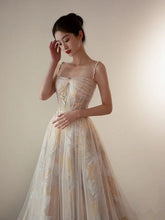 Vestido de fiesta de tul con flores bordadas, corte en A, impresionante vestido de noche Y287