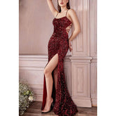 Robe de soirée longue à bretelles spaghetti, sans manches, à paillettes, avec fente