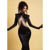 Vestido de fiesta formal de sirena elegante con escote alto, cuentas y mangas largas