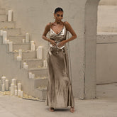 Metallic Coated Fabric Spring Summer Women Clothing off Neck Sexy Backless Slim Fit Evening Dress